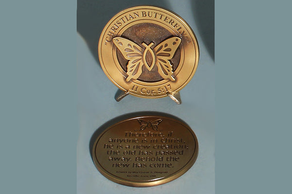 "Christian Butterfly" Medallion with Base in Bronze or Pewter