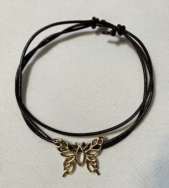 "Christian Butterfly" Small 1" Brass Pendant (24K plated) & Leather Bracelet