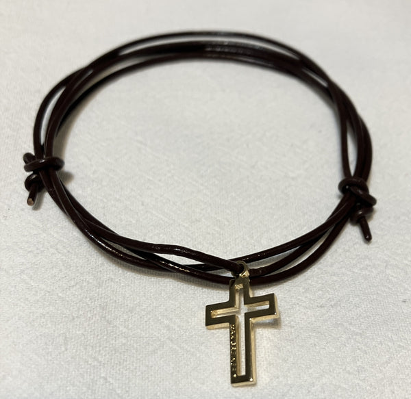 "The Empty Cross" Small 3/4" Brass Pendant (24K plated) & Leather Bracelet