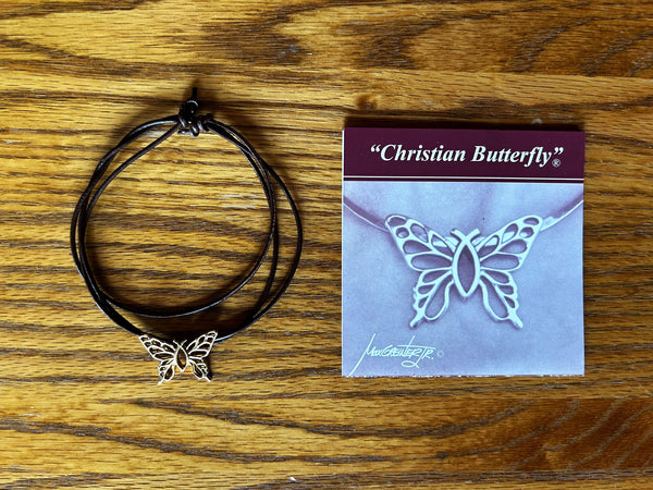 "Christian Butterfly" Small 1" Brass Pendant (24K plated) & Leather Bracelet