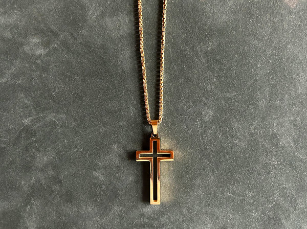 "TEC" Stainless Steel (Golden Color) Pendant/Charm (1.5 inches) with Heavy Box Chain Necklace (24.0 inches)